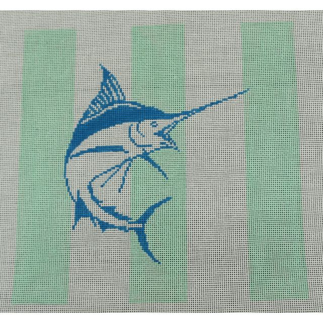 Blue Marlin on Mint Stripes Canvas