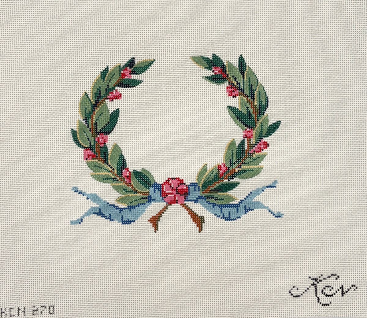 Olive Leaves Wreath with Blue Ribbon Canvas
