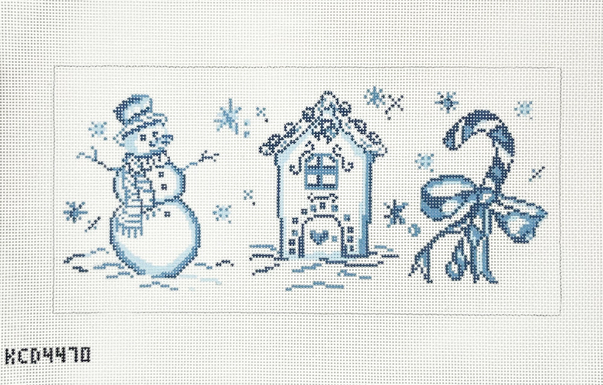 Blue Snowman, gingerbread house, and candy cane needlepoint design on a white canvas 