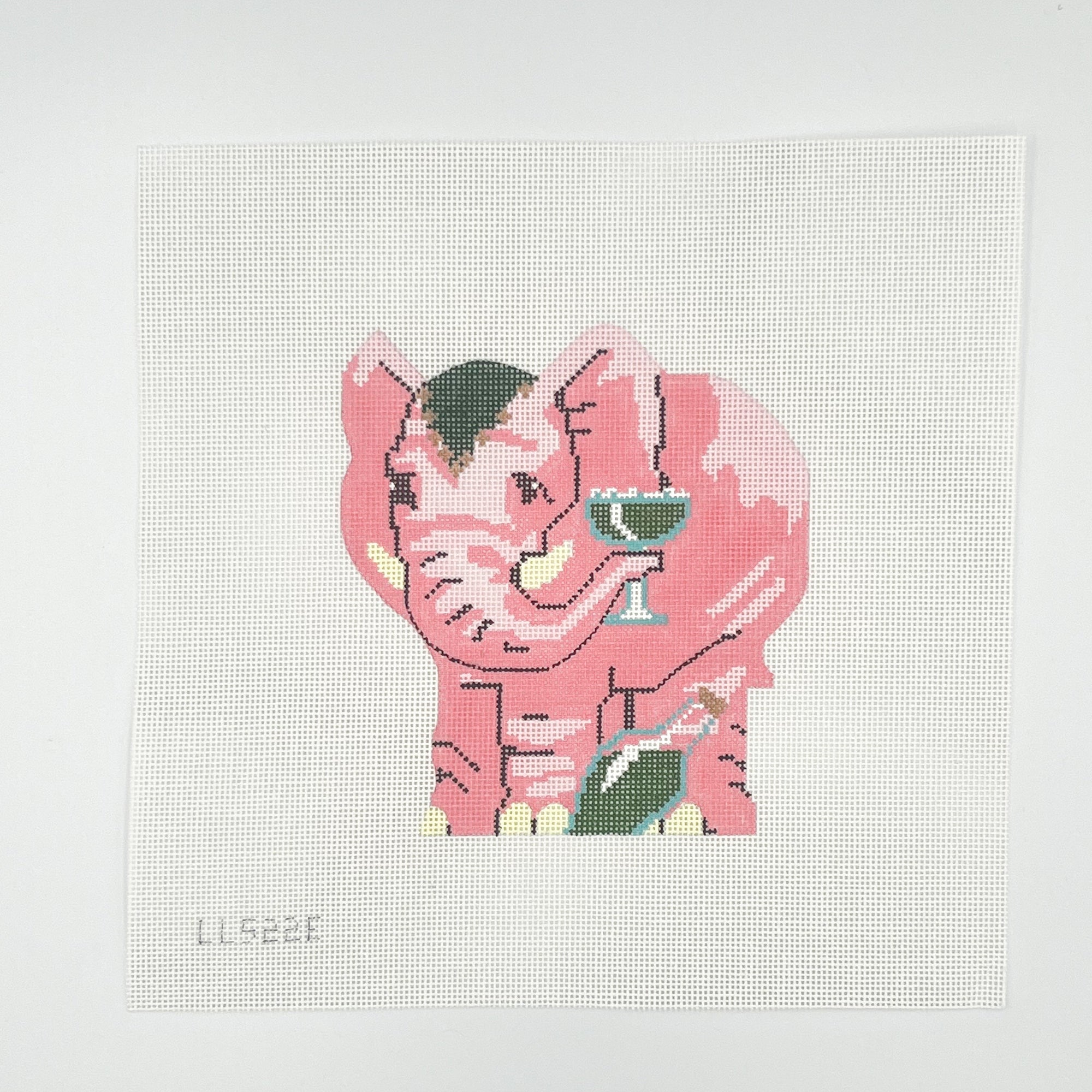 Pink elephant needlepoint design holding a margarita class on a white canvas background