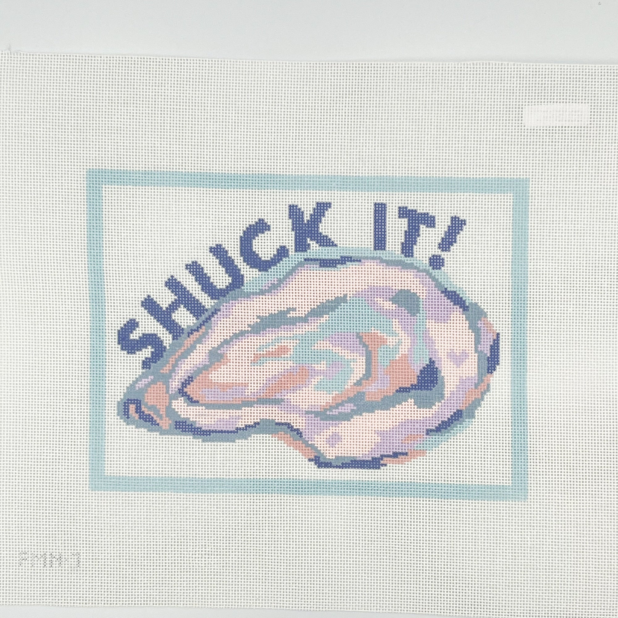 Needlepoint oyster design with 'SHUCK IT!' text on a white canvas
