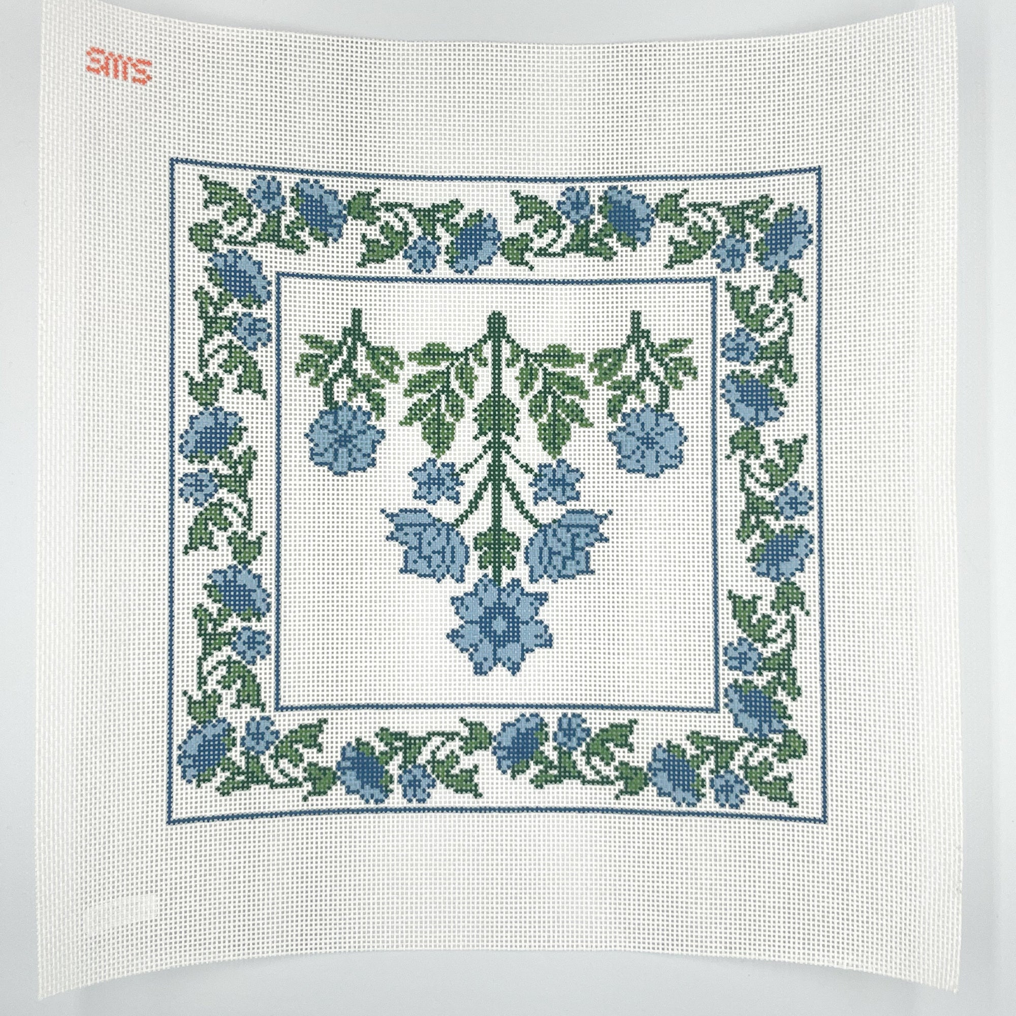 Square Green and blue floral needlepoint pattern on white canvas