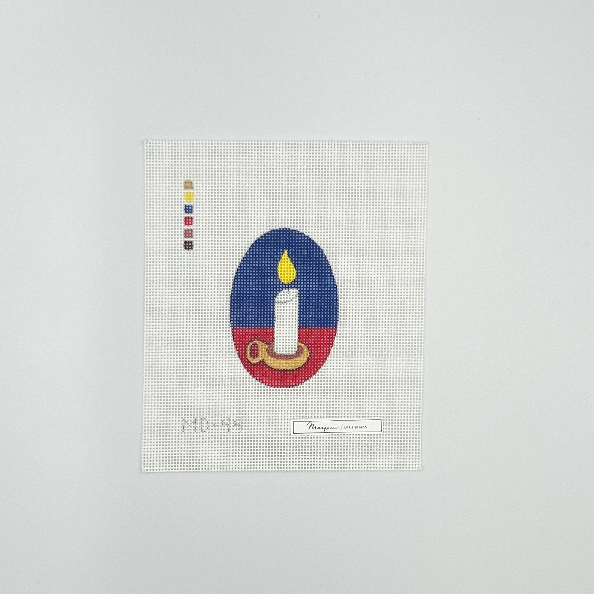 Needlpoint design of a candle with a flame on a white canvas background