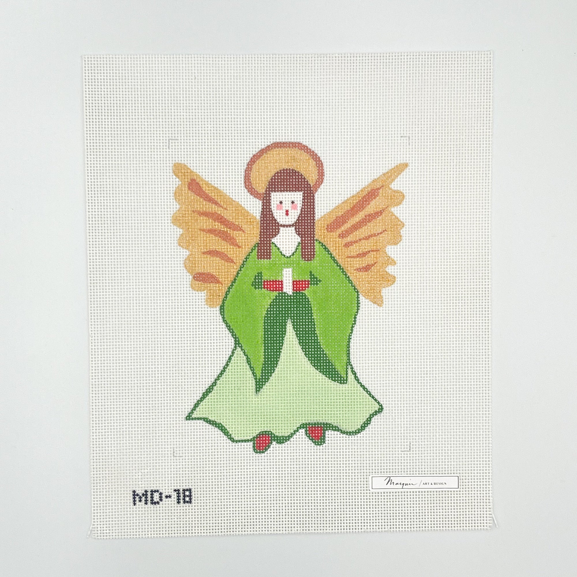 Needlepoint green and yellow angel design on canvas with 'MD-18' label.