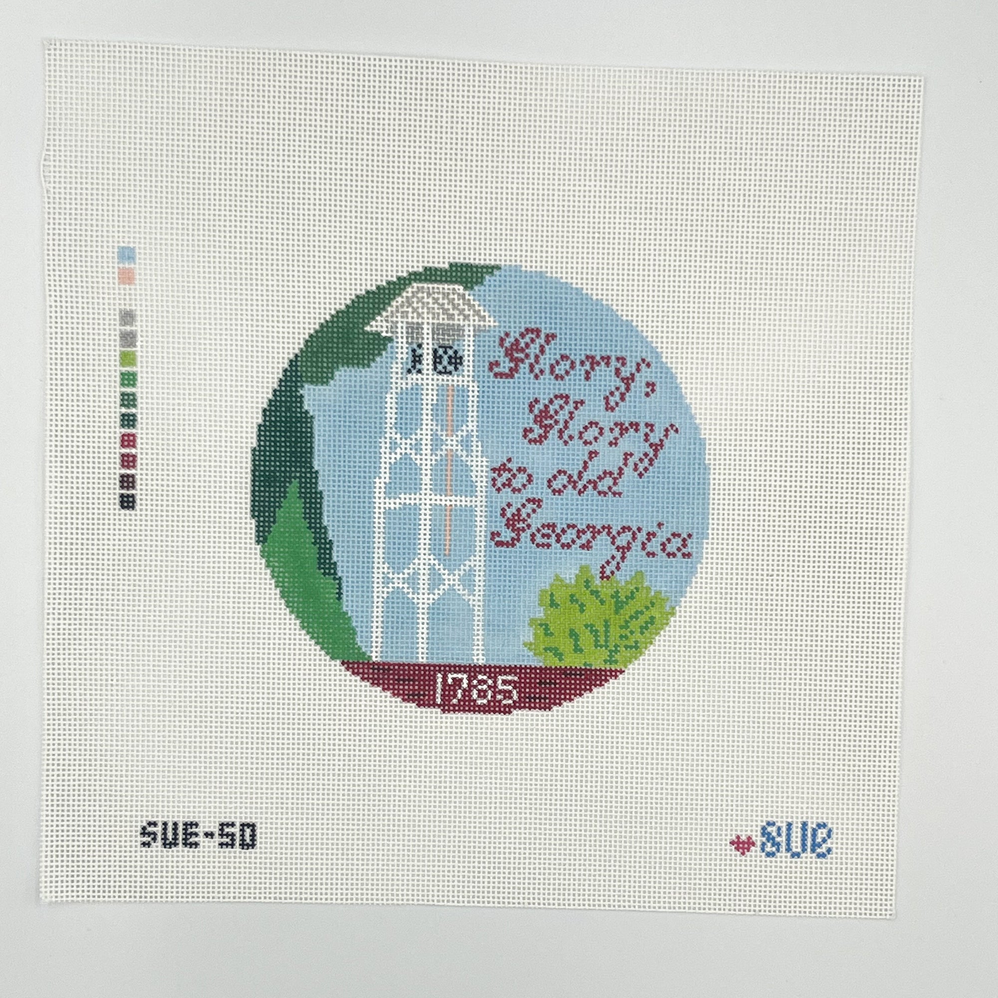 Needlepoint round design with Georgia chapel bell and blue sky
