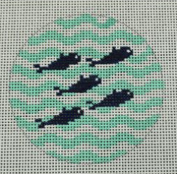 5 Little Fish on Wave - Navy and Seafoam 3" Round Canvas