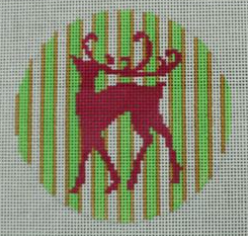 Pink Reindeer on Green and Gold Stripe Canvas