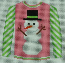 Snowman on Pink with Lime Striped Sleeves Canvas